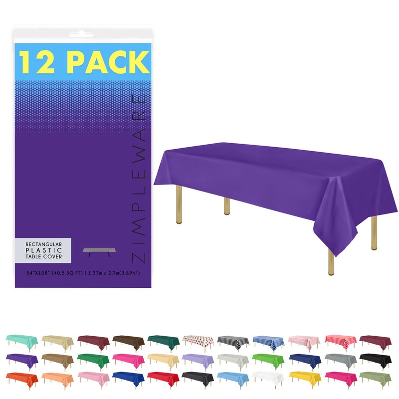 ZIMPLEWARE Premium Purple Plastic Table Cloth Disposable (12 Pk) Plastic Tablecloths for Rectangle Tables (54in x 108in) Party Table Cloths Disposable for 6ft to 8ft Rectangle Tables - Image 1